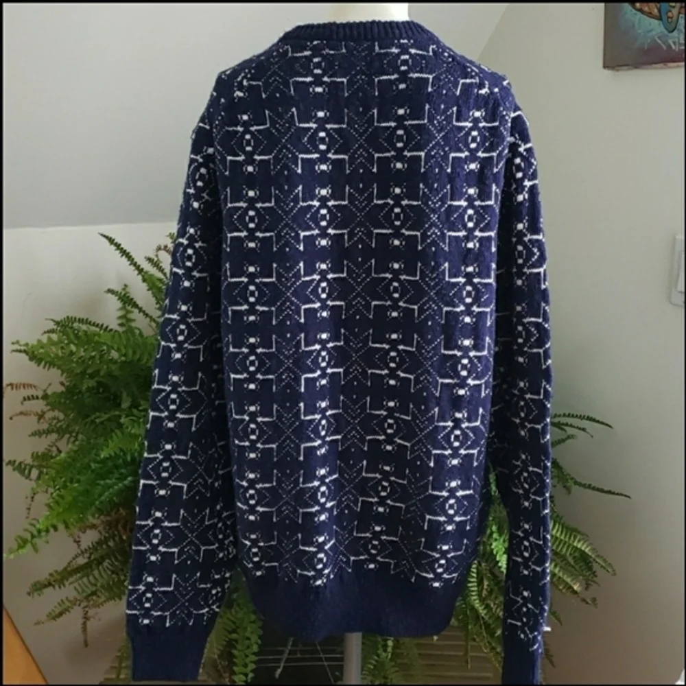 French Connection Mens Crewneck Cotton Sweater Blue with White Snowflakes